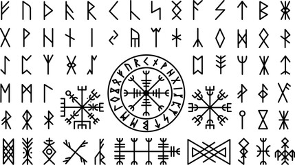 Futhark viking norse. Icelandic mystery collection protection symbol and runes. Magic nordic ancient elements, celtic mythology decent vector set