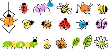 Children Style Fingerprint Art Insects. Decorative Paint Childish Graphic, Kids Drawing Spider, Bugs, Bee. Nursery Game Vector Elements
