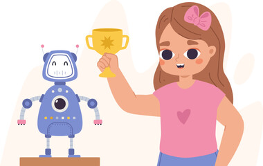 Sticker - Kid programming robot on robotics competition. Talent science girl with golden winner cup. Electronics, tech education student, snugly vector character