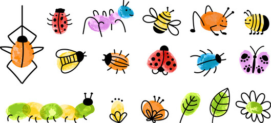 Wall Mural - Children style fingerprint art insects. Decorative paint childish graphic, kids drawing spider, bugs, bee. Nursery game vector elements