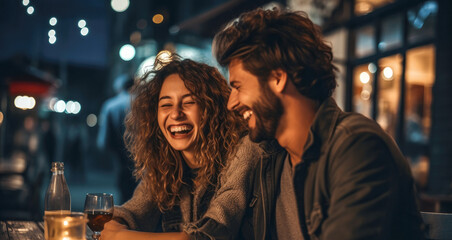 joyful caucasian couple on a date, laughing and enjoying street food in the city nightlife
