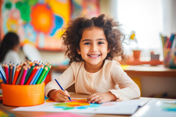 young girl in school, expressing creativity through art by drawing with colored pencils