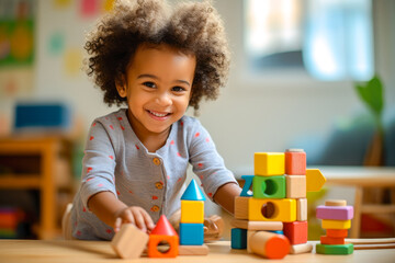 a lifestyle photograph of a young african american toddler playing with colorful wooden block toys