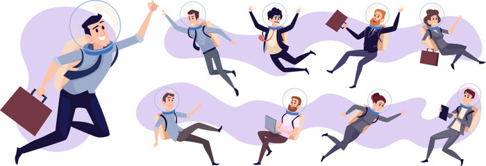 Wall Mural - business astronauts. space exploring characters flying business persons exact vector characters set