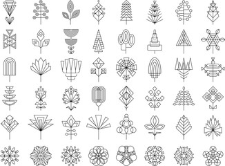 Wall Mural - Stylized plants. Flowers leaves and trees geometrical shapes recent vector templates set