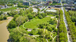 Headwaters Park St. Marys River construction downtown Fort Wayne IN summer aerial