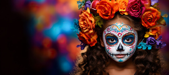 Wall Mural - Girl with skull face paint and roses in hair celebrating Day of the Dead, wide banner, copyspace