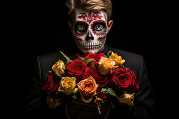 Man with skull face paint makeup holding bouquet of roses, Day of the Dead, Halloween, portrait, spooky, black background