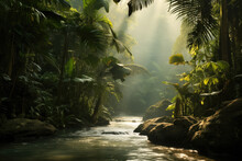 A Tropical Rainforest With A River Running Through It. The River Is In The Foreground, With Large Rocks And Boulders On Either Side