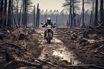 A person on a dirt bike in a forest wearing a black helmet