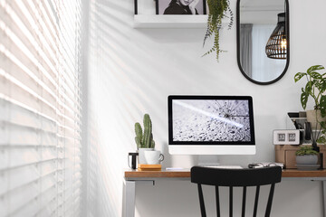 Poster - Cozy workspace with computer on wooden desk at home