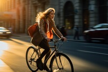 a young beautiful blonde american woman riding a bicycle on a road in a city street. blurry city in the background. golden hour day time. Generative AI
