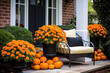 © Sunshower Shots - Halloween fall seasonal front porch decorations, exterior home decor, chair, pumpkins, orange and black