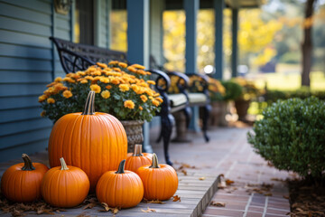 Sticker - Pumpkins, flowers and benches on front porch, fall Halloween exterior home decor, seasonal decorations