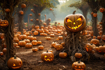 halloween field of jack o' lanterns, pumpkin patch, spooky, exterior professional decor display, sea