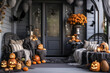 Leinwandbild Motiv Halloween pumpkins jack o' lanterns, flowers and chairs on front porch, exterior home decor, seasonal decorations, gray and white