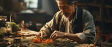 Traditional Herbalist: Elderly Asian Man Skillfully Preparing Natural Medicines Amidst Antique Tools