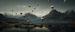 Surreal landscape showcasing reflective orbs floating above serene mountain lake under moody skies.