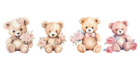 watercolor teddy bear with pink rose clipart for graphic resources