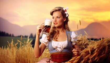 Wall Mural - Attractive German young woman having a beer in a wheat field in Oktoberfest 