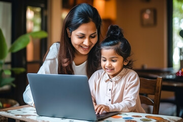Indian woman and child engaged in home-schooling, using a laptop for interactive learning, showcasing a modern, educational lifestyle
