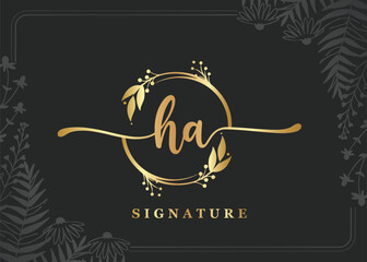 Wall Mural - luxury gold signature initial ha logo design isolated leaf and flower