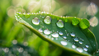 Wall Mural - Beautiful water drops after rain on green leaf in sunlight, macro. Many droplets of morning dew outdoor, beautiful round bokeh, selective focus. Amazing artistic image of purity and fresh of nature.