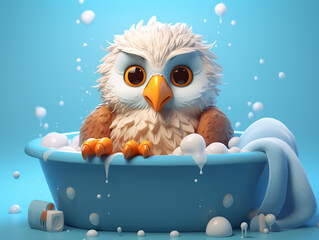  A Cute 3D Hawk Taking a Bath in a Bathtub against a Solid Color Background | Generative AI