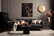 Modern Home Decor Features A Stylishly Designed Living Room Interior With A Black Piano, A Mock-up Poster Map, Dried Flowers, A Gold Clock, A Design Lamp, And Elegant Personal Accessories.