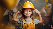 Smiling Cute Girl Construction Worker Look On Free Background - Labor Day Cute Model Generative Ai