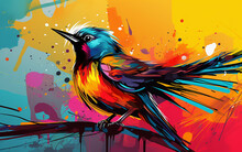 Abstract Colorful Background With Bird On A Branch And Splashes. Generative AI Technology.