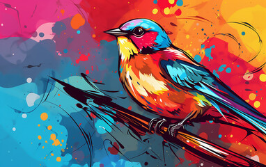 Wall Mural - Abstract colorful background with bird on a branch and splashes. Generative AI technology.