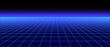 © vika_k - Retro futuristic grid background. Bright neon blue glowing tile floor in perspective. Lattice plane landscape wallpaper. Abstract horizontal checkered surface. Vector illustration