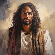 Ethnic Jesus With Natural Hair And Realistic Skin Tone, Emotive Oil Painting Style Portrait