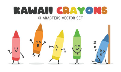 Cute kawaii crayons characters clipart vector set. Colorful crayon colors mascot characters different emotions flat vector illustration cartoon style. Students, school supplies, back to school concept