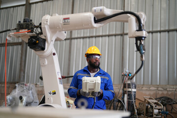 Multiracial industrial engineers working at automated AI robotic production factory, New industrial technology concept.