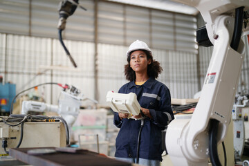 Multiracial industrial engineers working at automated AI robotic production factory, New industrial technology concept.