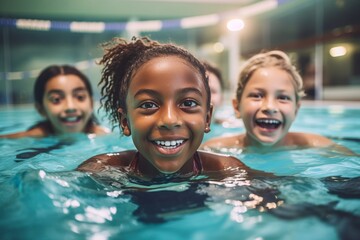 Joyful young children, sharing smiles and laughter as they swim together in a public pool, epitomizing fun and friendship, generative ai