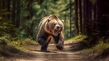Angry Running Grizzly Bear In The Forest, Made With Generative AI