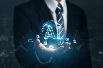 businessman show virtual graphics global internet connects with ai, artificial intelligence to help 