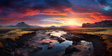 Fototapeta Zachód słońca - beautiful panoramic sunrise over the mountain river landscape