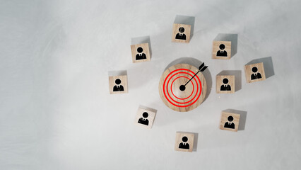 Wall Mural - red dartboard and black arrow connection linkage with human icon for customer focus target group and