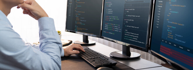 Software engineer working on application development on his computer display code and script on monitor at tech company office workplace. Application developer solving and writing code. Trailblazing