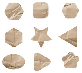 Aufkleber - Set of recycled paper brown crumpled sticky notes tags and labels isolated on white background.