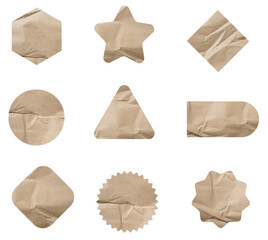 Aufkleber - Set of recycled paper brown crumpled sticky notes tags and labels isolated on white background.