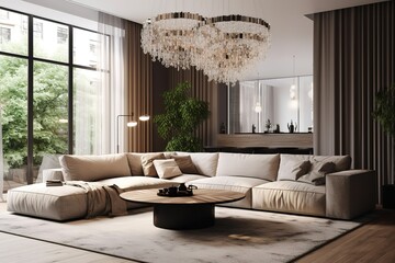 Wall Mural - Luxury living room with big windows with panoramic view of garden and crystal chandelier in center of ceiling. Generative AI