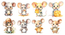 Set Of Cute Mice With Cheese Watercolor, Isolated, Generated Ai