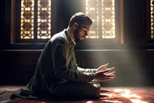 A Religious Muslim Man Praying Inside The Mosque. Muslim. Generative Ai