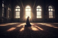 A Religious Muslim Woman Praying Inside The Mosque. Muslim. Generative Ai