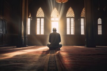 Wall Mural - A religious muslim man praying inside the mosque. Muslim. Generative Ai